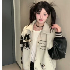 批发夹棉毛尼拼棒球<b class='q'>服</b>外套女春秋翻领刺绣高街立领夹克宽松潮牌上衣