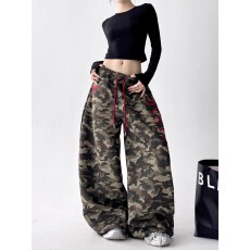 批发<b class='q'>烫钻</b>工艺字母甜酷迷彩运动裤女春秋装宽松显瘦爵士舞阔腿裤潮
