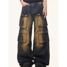 批发美式重工多口袋废土工装牛仔裤<b class='q'>明星</b>同款百搭宽松阔腿复古长裤男女