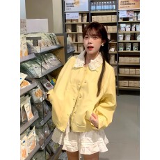 批发秋日焦点多巴胺<b class='q'>蕾丝</b>拼接翻领黄色皮衣外套女秋季小个子假两件夹克