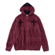 批发重磅痞帅十字花毛绒绒连帽毛衣外套男女情侣装秋冬潮牌宽松<b class='q'>针织衫</b>