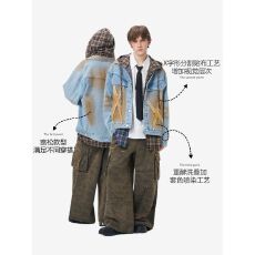 批发2025新款机车街头感喷染<b class='q'>牛仔外</b>套潮牌美式做旧宽松夹克男女