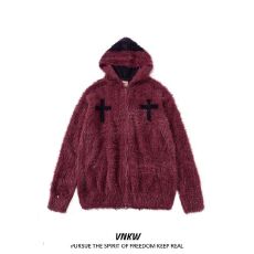 批发重磅痞帅十字花毛绒绒连帽毛衣外套男女情侣装秋冬潮牌宽松<b class='q'>针织衫</b>