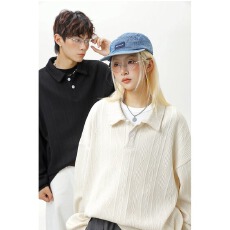 批发老钱风提花POLO衫男女秋季美式复古翻领情侣外套<b class='q'>潮牌</b>宽松运动上衣