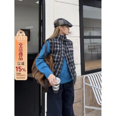 批发美式格纹无袖<b class='q'>马甲</b>棉服宽松秋冬新款<b class='q'>男</b>女复古叠穿外套上衣潮