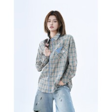 批发2025秋季新款复古老钱风格子拼接长袖衬衫<b class='q'>男</b>女宽松衫衣潮