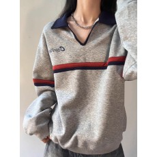 批发美式复古polo领卫衣男女秋撞色拼接套头长袖上衣慵懒<b class='q'>宽松</b><b class='q'>打底衫</b>