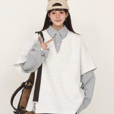 复古学院风假两件衬衫男女春秋季潮牌宽松情侣长袖卫衣情侣装外套