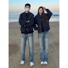 批发翻领拼接假两件牛仔外套男女春秋季复古痞帅短款工装<b class='q'>夹克</b>上衣