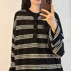 慵懒简约新款日系时尚流行气质圆领轻薄松弛感条纹针织衫潮流ins