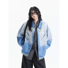 美式复古秋季新款花卉潮牌设计感渐变刺绣牛仔夹克外套男女中性风