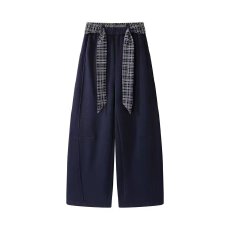 批发2025秋装新款时尚休闲裤女百搭显瘦格子腰带女A字弯刀拖地长西裤