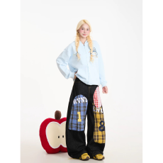 批发美式复古格子贴布刺绣<b class='q'>牛仔裤</b>男女潮牌宽松显瘦阔腿弯刀拖地裤