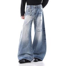 批发复古水洗蓝色猫须弯刀牛仔裤<b class='q'>男</b>女微喇宽松阔腿拖地镰刀裤直筒哈伦