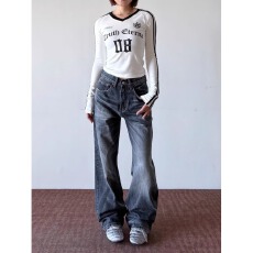 批发美式高街微喇叭牛仔裤女<b class='q'>夏</b>季新款宽松复古高腰设计感拖地长裤子潮