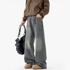 批发高腰百搭拼接渐变扎染复古显瘦设计高街牛仔裤2025春<b class='q'>夏</b>新款阔腿裤