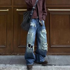 批发美式复古vibe破洞补丁<b class='q'>迷彩</b>牛仔<b class='q'>裤</b>男女宽松阔腿直筒拖地<b class='q'>裤</b>子情侣潮