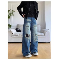 批发美式炸街破洞牛仔裤女2025<b class='q'>夏</b>新款梨形身材高腰宽松洗水直筒阔腿裤