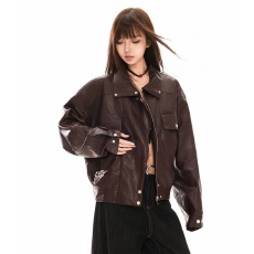 批发美式复古飞行员皮衣夹克女<b class='q'>春</b>秋款美拉德棕色酷飒风翻领pu外套女潮