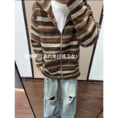 批发美式复古毛呢条纹开衫连帽卫衣外套<b class='q'>男</b>女慵懒风情侣休闲帽衫