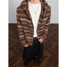 批发美式复古毛呢条纹开衫连帽卫衣外套<b class='q'>男</b>女慵懒风情侣休闲帽衫