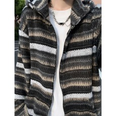 批发美式复古毛呢条纹开衫连帽卫衣外套<b class='q'>男</b>女慵懒风情侣休闲帽衫