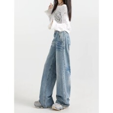 批发美式复古阔腿牛仔<b class='q'>裤</b>女秋季秋冬2025新款高腰宽松<b class='q'>显瘦</b>休闲直筒<b class='q'>裤</b>子