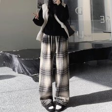 批发格子<b class='q'>阔腿裤</b>女2024秋冬季新款慵懒垂坠感宽松直筒<b class='q'>显瘦</b>休闲<b class='q'>裤</b>子