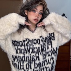 批发国潮美式字母连帽毛衣<b class='q'>男</b>女中性风宽松针织外套秋冬季情侣毛绒上衣