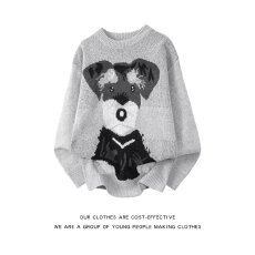 批发小狗图案圆领针织衫<b class='q'>男</b>女秋季复古慵懒风情侣休闲打底毛衣