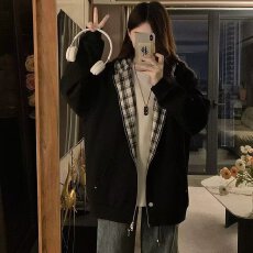 批发秋冬季新款连帽拉链开衫卫衣男女格纹纯色<b class='q'>上衣</b>时尚廓形百搭外套