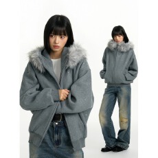 批发TGNS银河碎星拆卸毛领连帽加绒卫衣开衫女生秋季小众宽松保暖外套