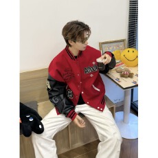 批发港风复古拼接印花红色棒球服男女春秋季<b class='q'>新款</b>设计高级<b class='q'>情侣</b><b class='q'>宽松</b>外套