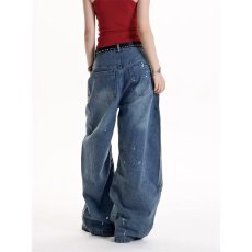 批发美式高街街头复古重工涂鸦直筒牛仔裤女大码<b class='q'>胖</b>mm<b class='q'>宽松</b>显瘦阔腿长裤