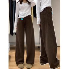 批发实价咖色阔腿<b class='q'>牛仔裤</b>女新款秋冬高腰美式高个子加长宽松弯刀裤