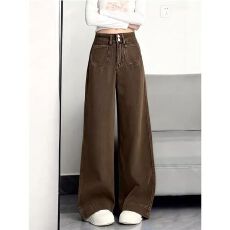 批发实价大码胖mm美拉德风咖色阔腿<b class='q'>牛仔裤</b>女秋冬季高腰显瘦宽松