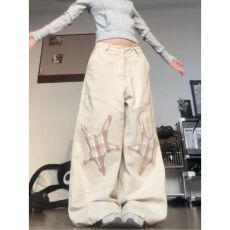 批发春季款破洞蕾丝拼接直筒白色<b class='q'>牛仔裤</b><b class='q'>休闲</b>小众设计感阔腿长裤