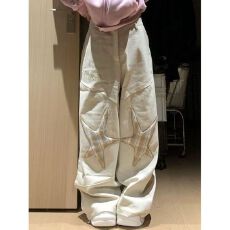 批发美式<b class='q'>休闲</b>多口袋白色<b class='q'>牛仔裤</b>男女直筒微喇小众百搭拖地显瘦辣妹裤