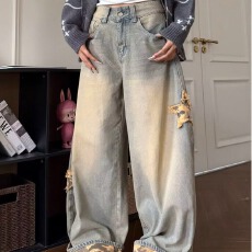 批发复古直筒<b class='q'>牛仔裤</b>子女高腰宽松显瘦春秋季阔腿裤小个子拖地长裤