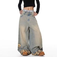 批发复古破洞直筒<b class='q'>牛仔裤</b>子女高腰宽松显瘦春夏季阔腿裤小个子拖地长裤
