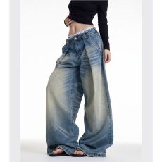 批发美式复古浅色阔腿<b class='q'>牛仔裤</b>女秋冬高街设计感宽松垂感高腰直筒拖地裤