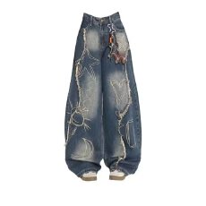 批发美式巴鲁米高街解构流苏破洞牛仔裤男女复古做旧大口袋拖地裤
