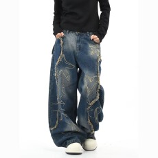 批发美式巴鲁米高街解构流苏破洞牛仔裤男女复古做旧大口袋拖地裤