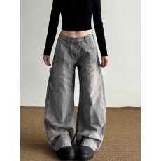 批发美式复古水洗脏染工装牛仔<b class='q'>裤</b>男女春秋高街宽松显瘦垂感阔<b class='q'>腿</b>拖地<b class='q'>裤</b>