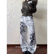 批发美式新风格复古做旧脏染音符印花牛仔裤女男秋宽松小众设计阔腿裤