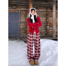 批发红色潮乐汇磨毛格子裤<b class='q'>男</b>女款秋冬加绒加厚微喇<b class='q'>裤子</b>垂感直筒休闲裤
