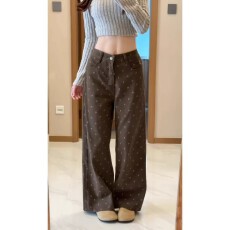 批发美拉德棕咖色<b class='q'>碎花</b>阔腿牛仔<b class='q'>裤</b>女2026秋冬新款高腰显瘦弯刀阔腿<b class='q'>裤</b>子