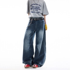 批发复古重工水洗阔腿<b class='q'>牛仔裤</b><b class='q'>男</b>女新款做旧宽松毛边百搭休闲垂感长裤子