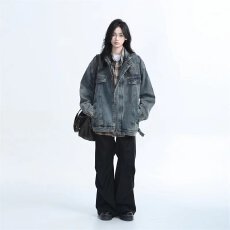 批发美式复古重工水洗机车风牛仔夹克女秋季<b class='q'>设计</b>感中性风宽松外套潮