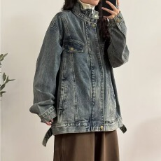 批发美式复古水洗做旧牛仔外套潮牌高级感宽松休闲工装夹克上衣